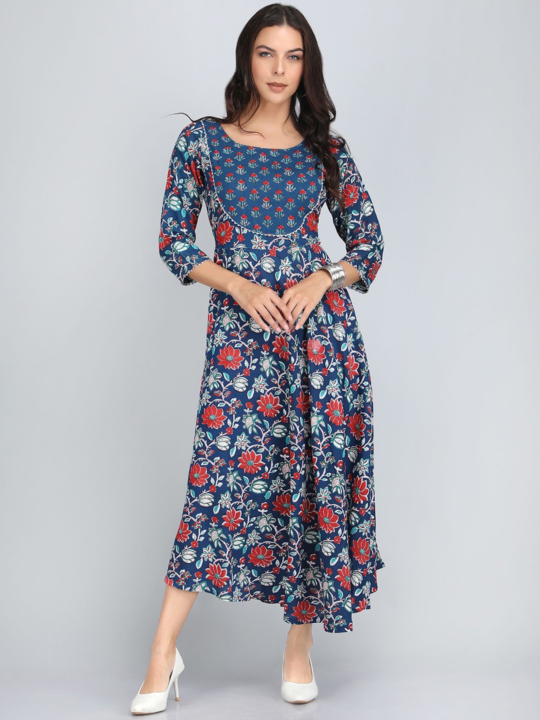 

Rubellite Floral Printed Round Neck Fit & Flare Dress, Blue