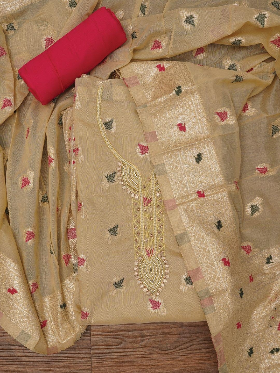 

Jaipur Kurti Zari Woven Cotton Blend Dress Material with Dupatta, Beige