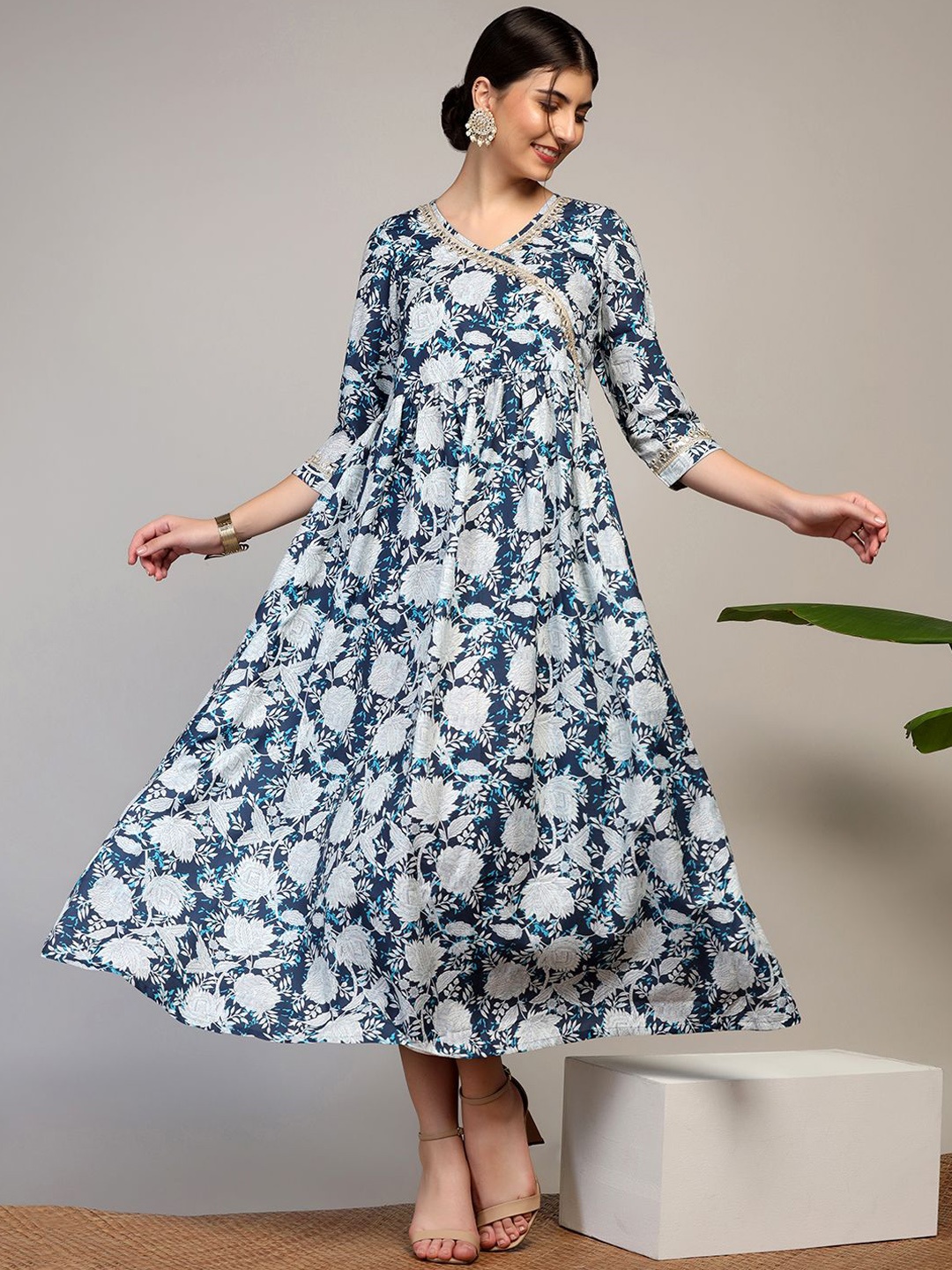 

FASHION DREAM Floral Printed A-Line Ethnic Dress With Gota Patti, Blue