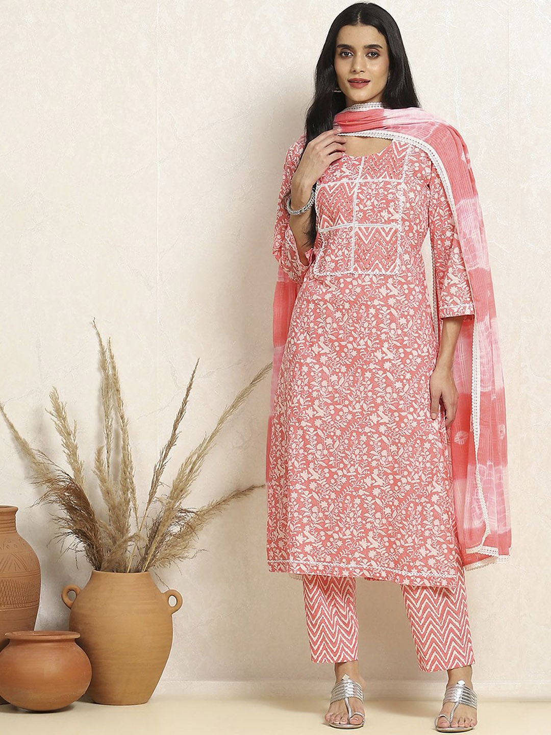 

Biba Sequinned Floral Printed Pure Cotton Unstitched Dress Material, Pink