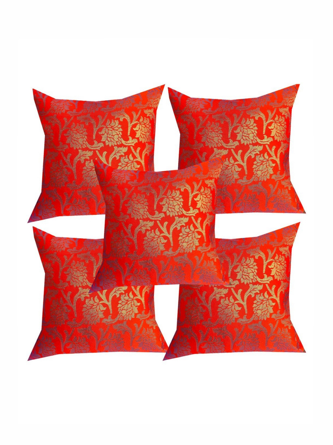 

Pink Parrot Red & Gold-Toned 5 Pieces Floral Square Cushion Covers
