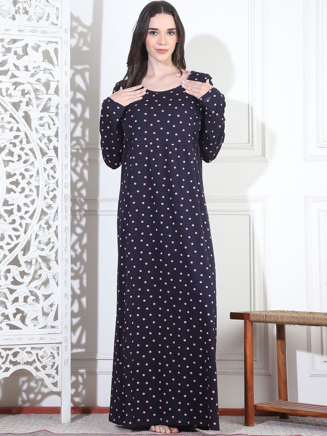 

Kanvin Women Polka Dots Printed Maxi Nightdress, Navy blue