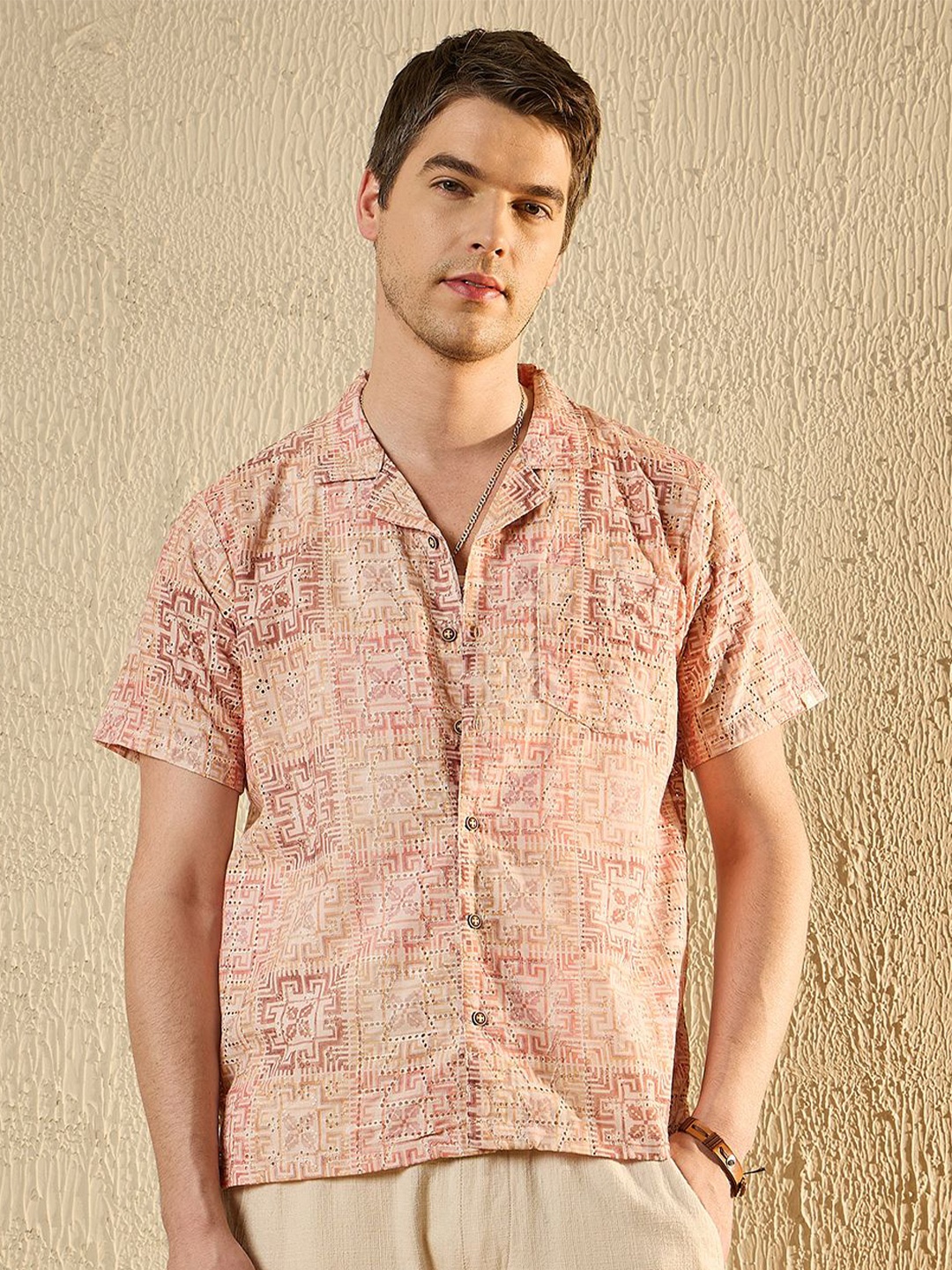 

Modeve Men Spread Collar Abstract Printed Casual Shirt, Beige