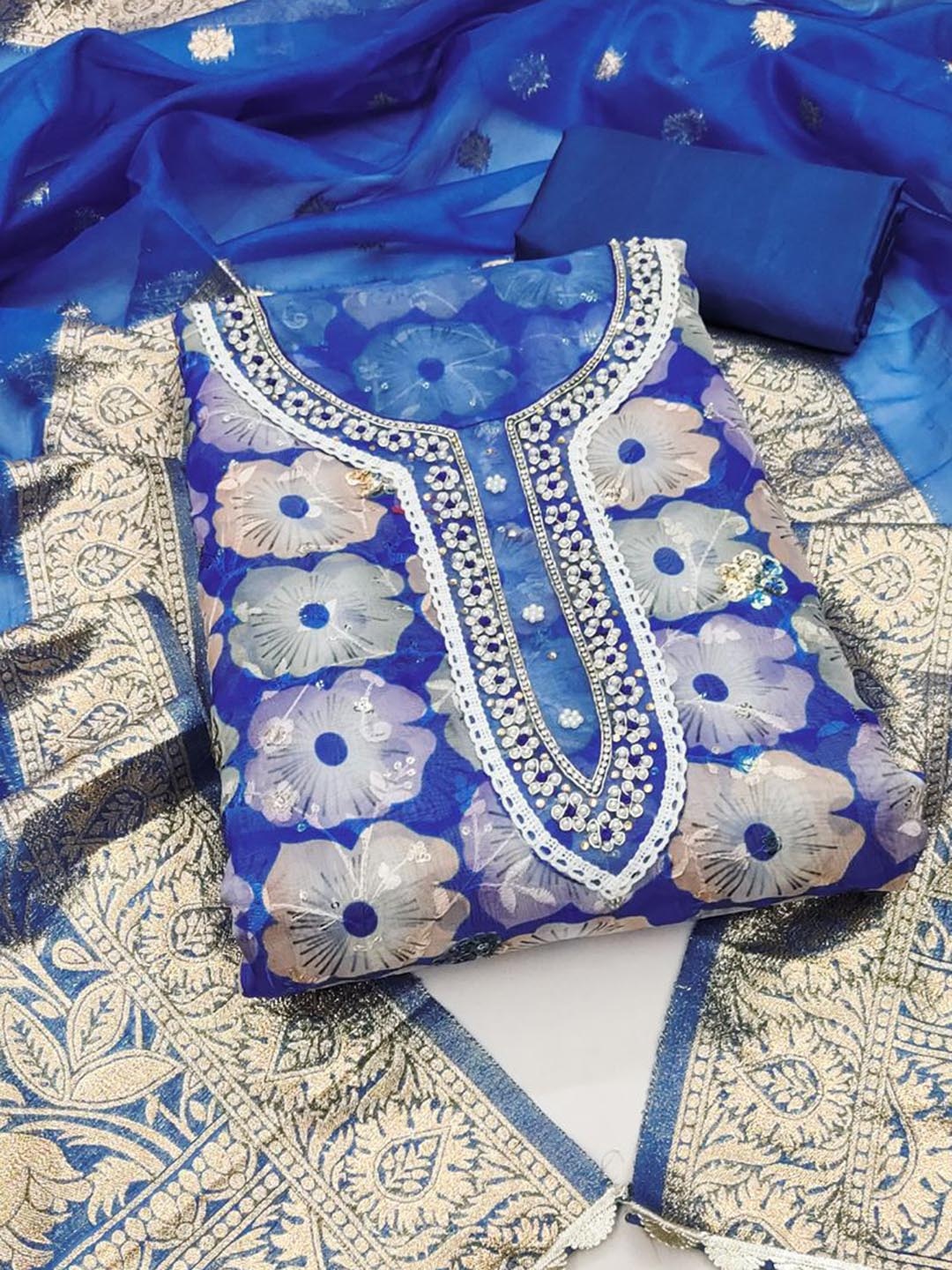 

ASISA Floral Embroidered Beads and Stones Organza Unstitched Dress Material, Blue