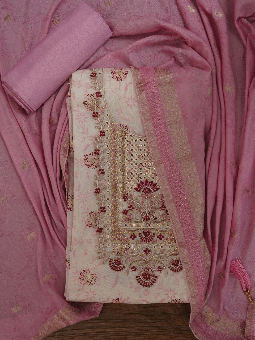 

Jaipur Kurti Festive Silk Blend Zari Woven Dress Material With Dupatta, Off white