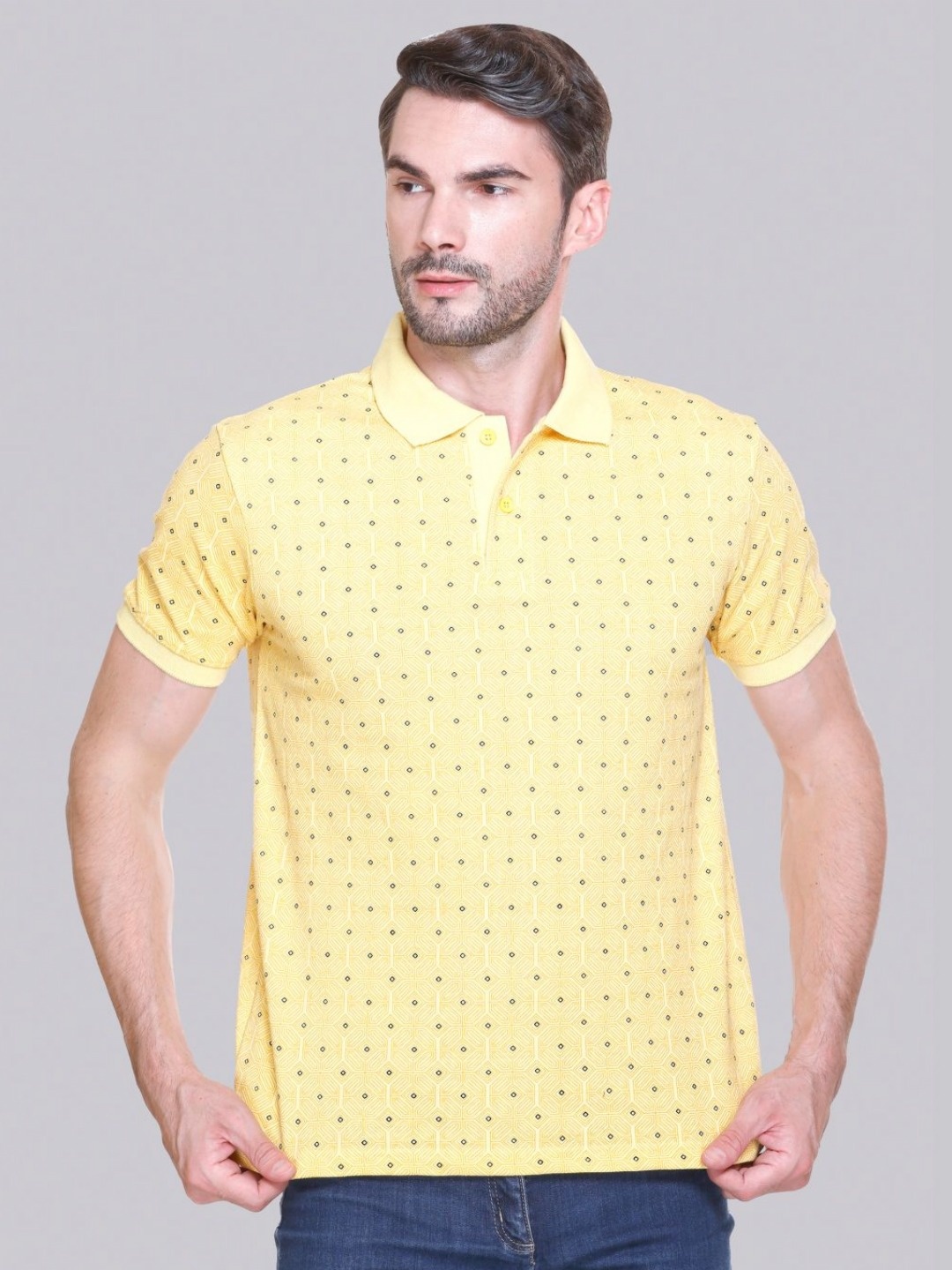 

ELPIDA Men Conversational Printed Polo Collar Cotton T-shirt, Yellow