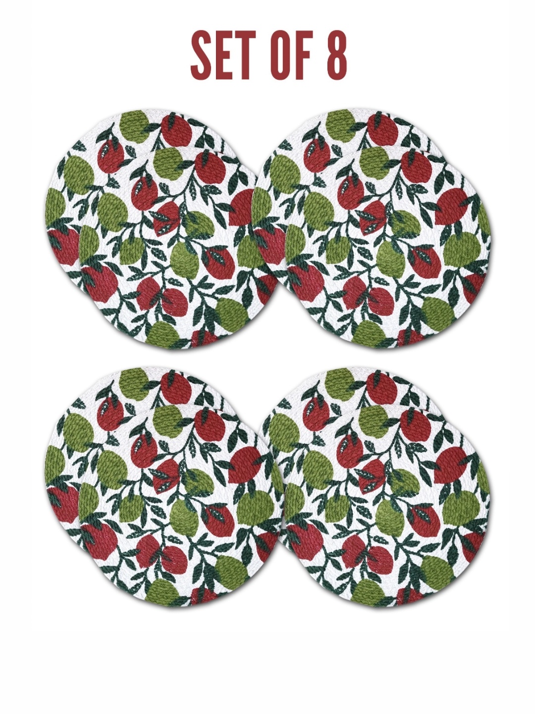 

ANA Green & Maroon 8 Pieces Leaf Printed Cotton Round Reversible Kitchen Placemats