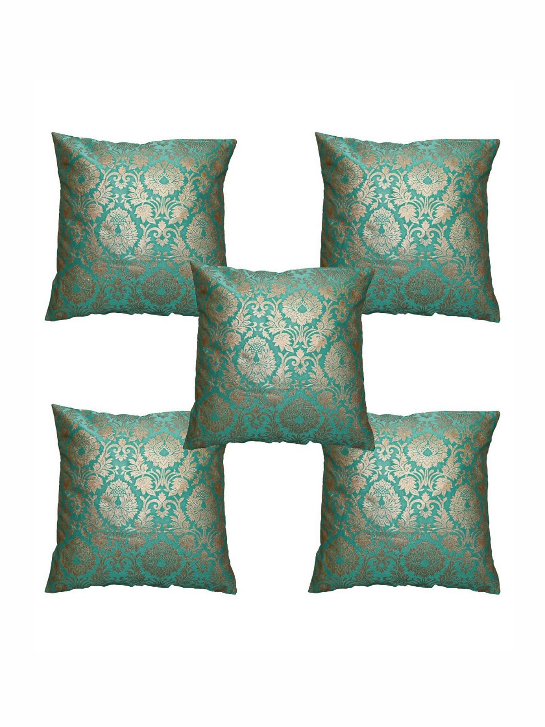 

Pink Parrot Green 5 Pieces Ethnic Motifs Printed Jacquard Square Cushion Covers