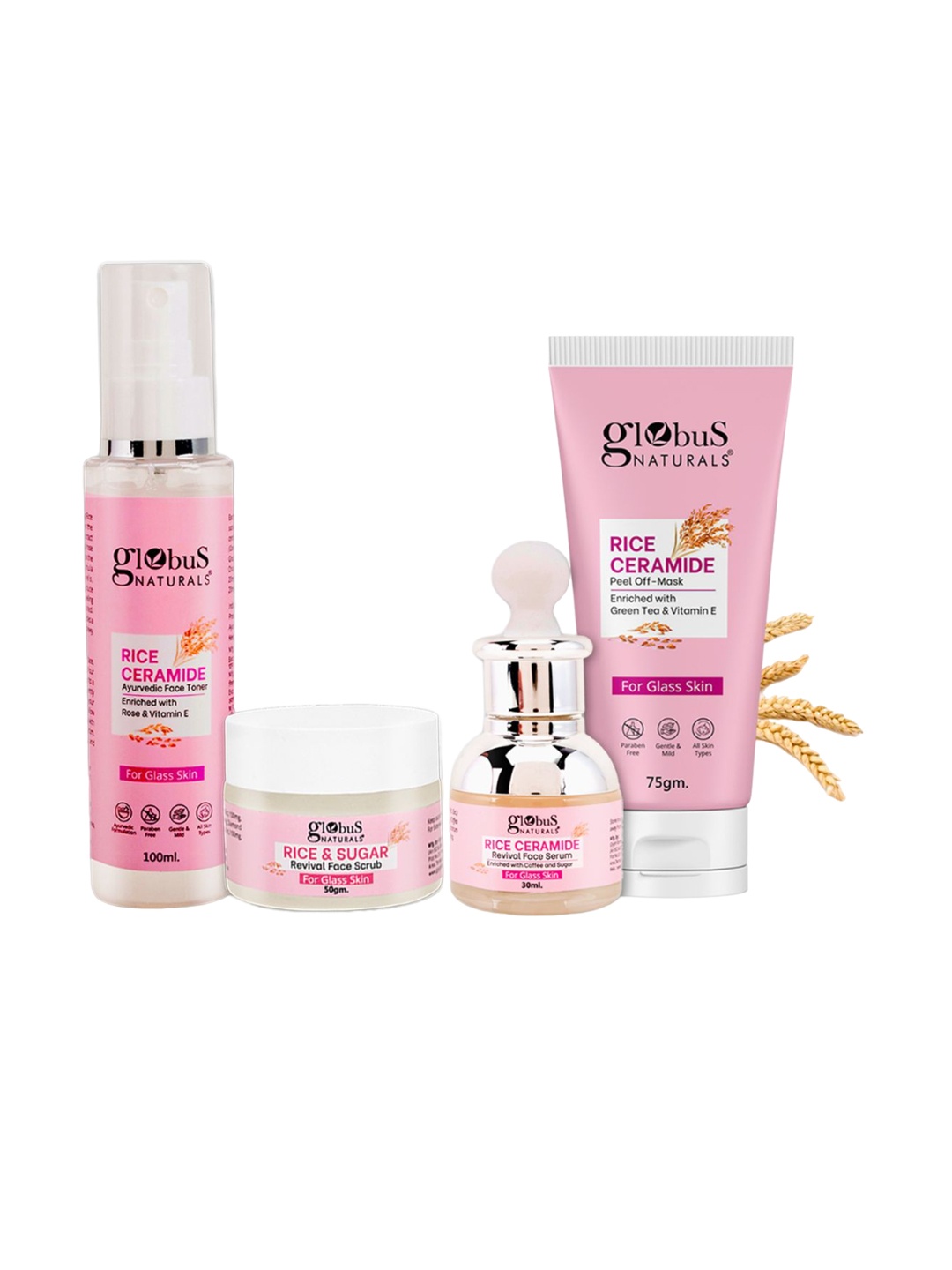 

Globus naturals Set Of 4 Rice Ceramide Face Scrub Serum Toner & Peel-Off Mask, Cream