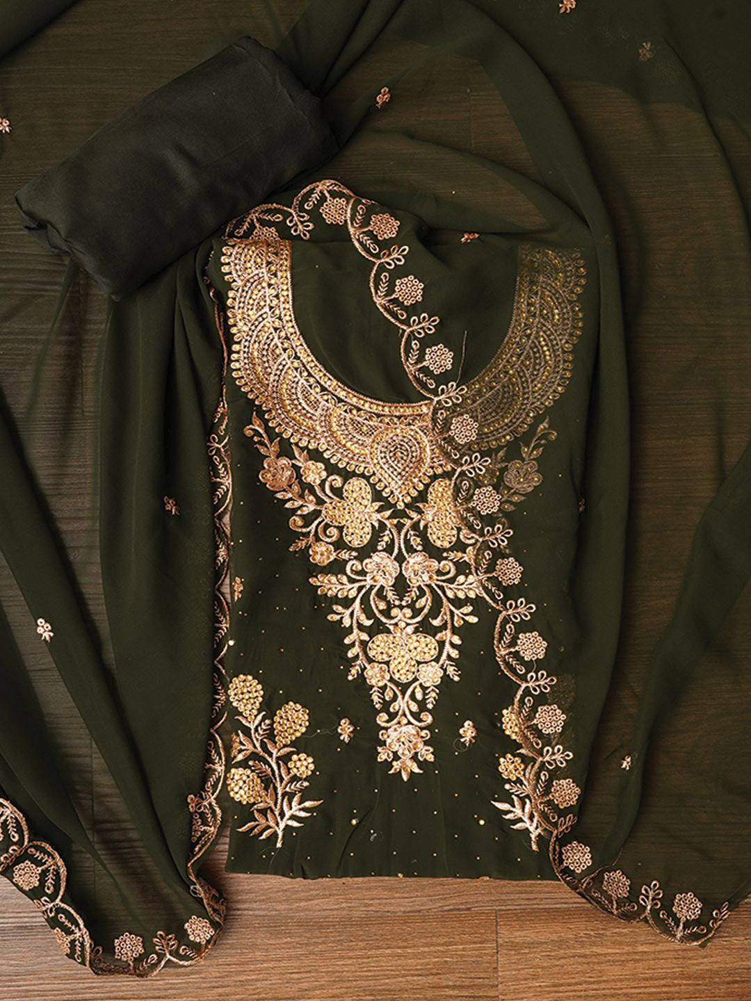 

Jaipur Kurti Ethnic Motifs Embroidered Zari Unstitched Dress Material, Green