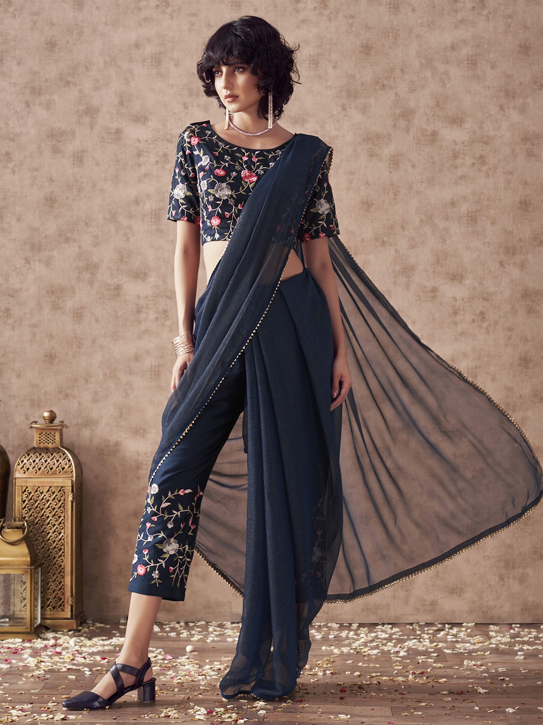 

Tikhi Imli Women Solid Embroidered Pant Saree, Teal
