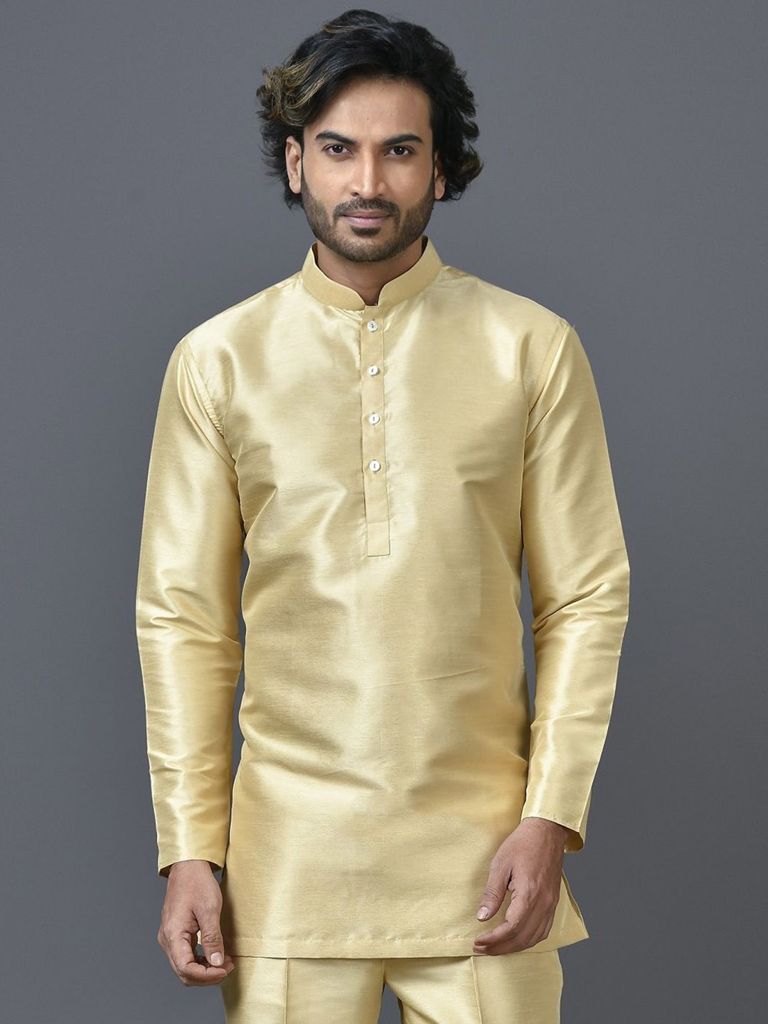 

Sayisha Mandarin Collar Silk Short Straight Kurta, Beige