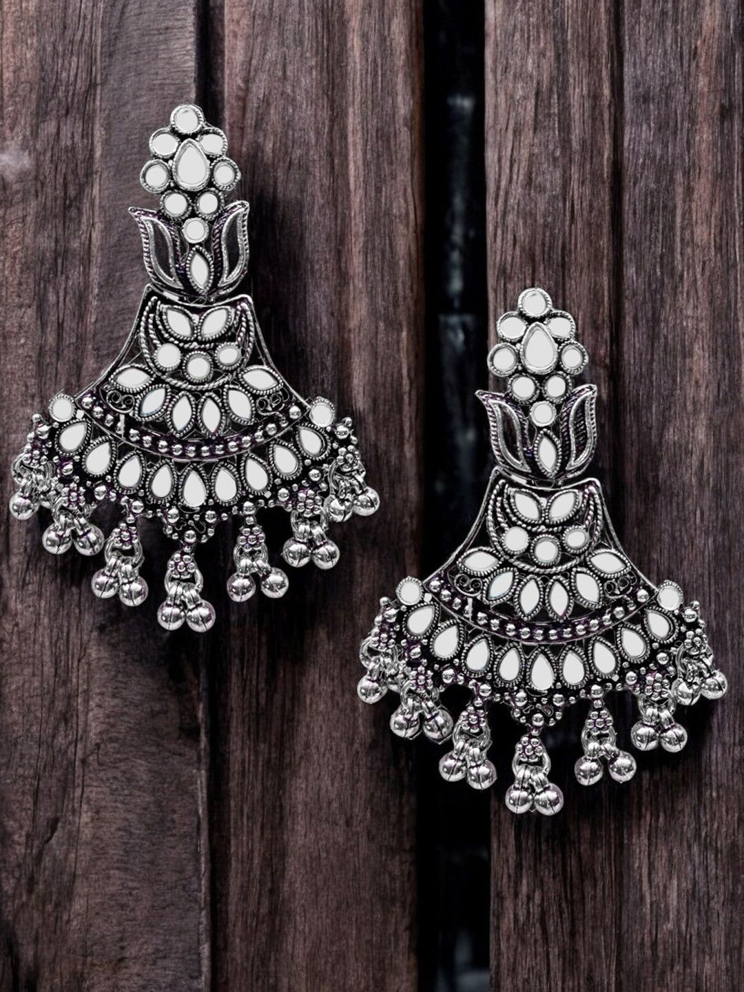 

Sangria Kundan Studded Floral Shaped Oxidised Jhumka Earrings, Silver