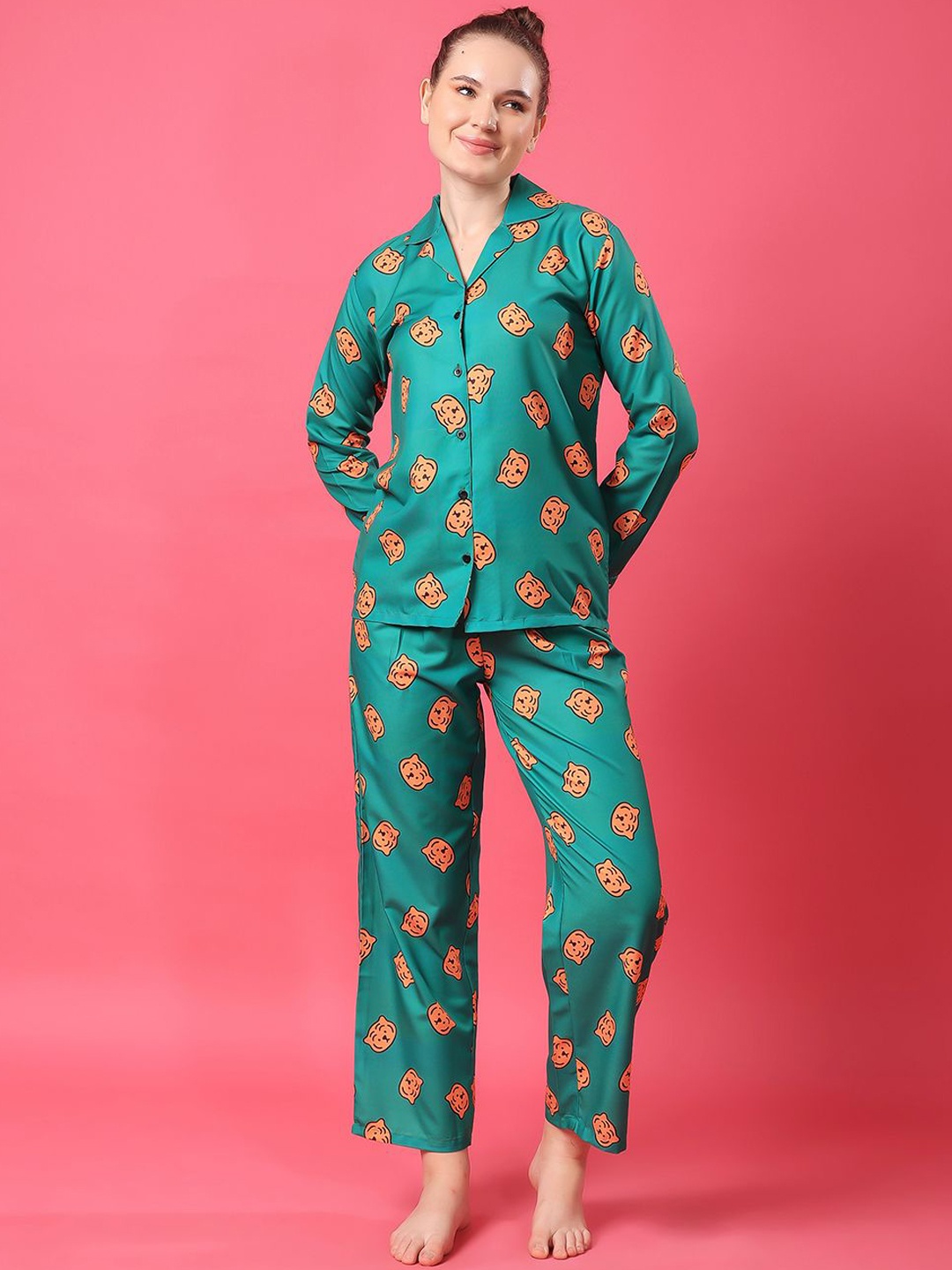 

Cation Women Printed Lapel Collar Night suit, Green