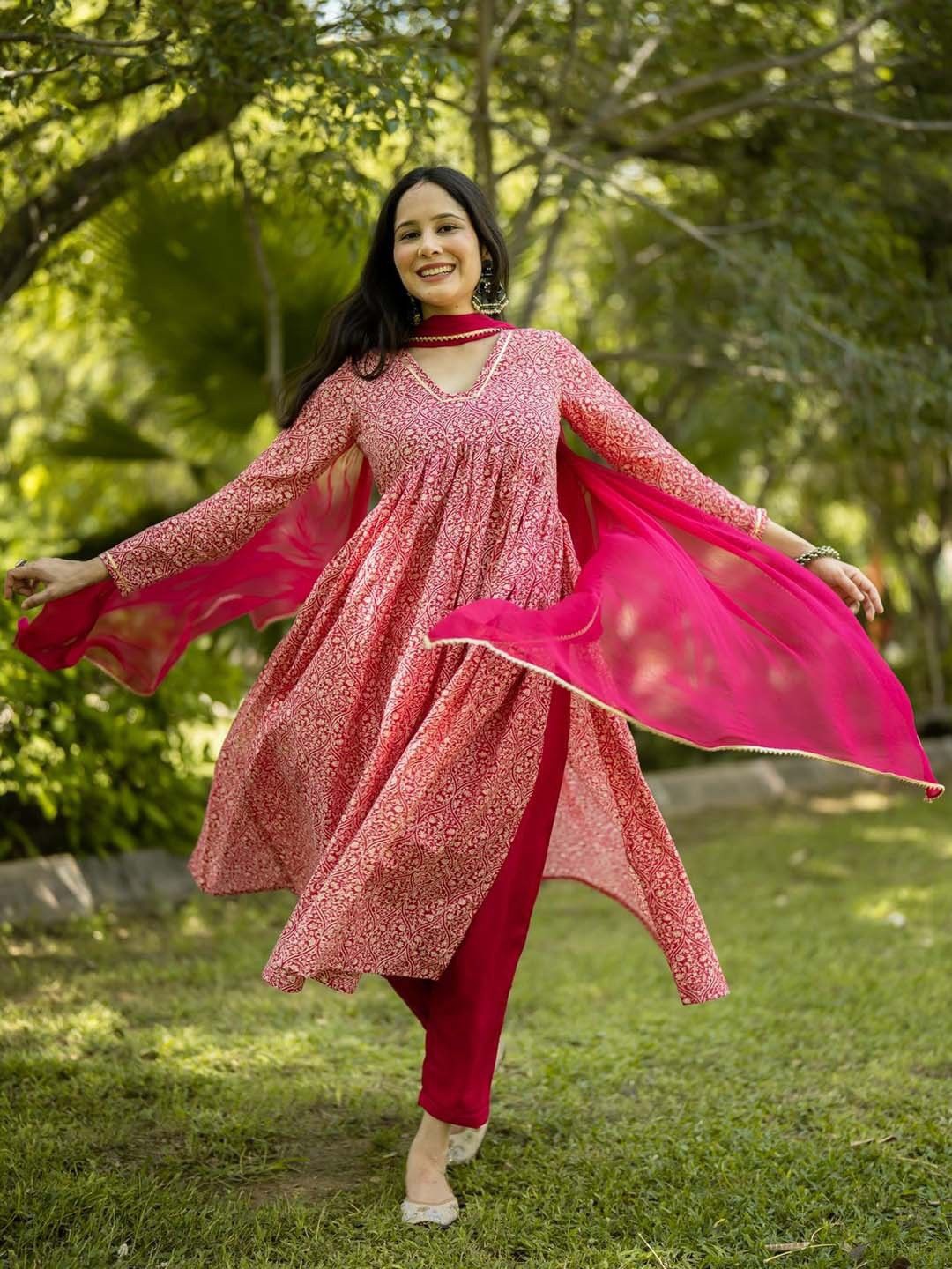 

Anni Designer Floral Printed Regular Gotta Patti A-Line Kurta with Trousers & Dupatta, Pink