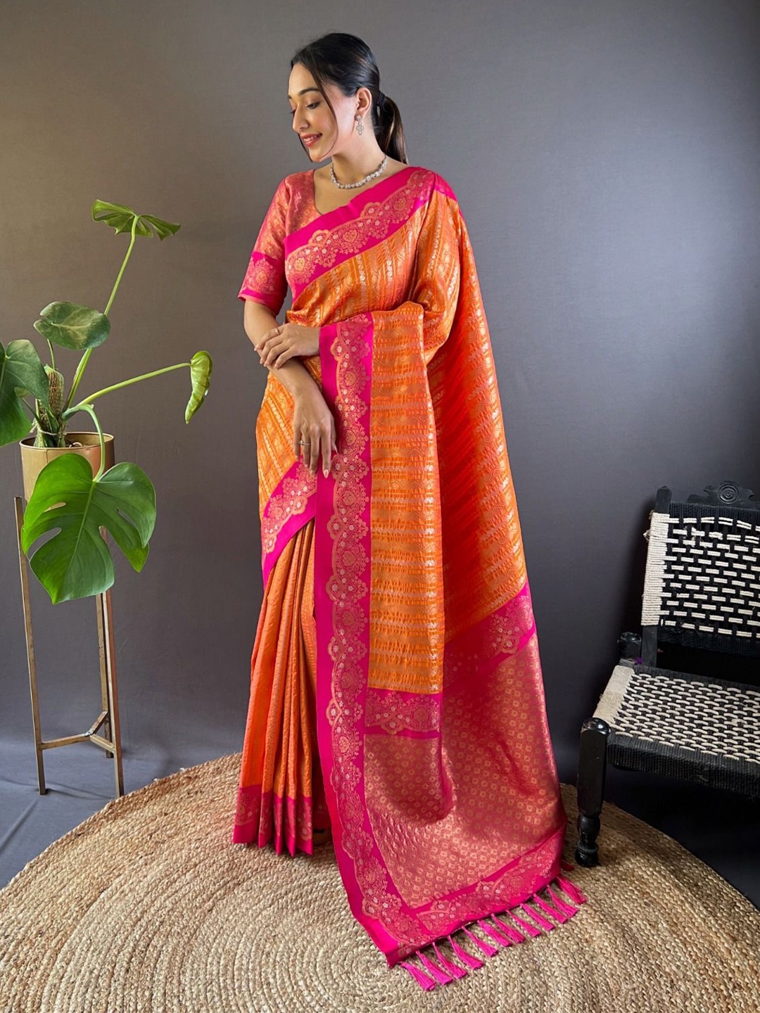 

SGF11 Woven Design Zari Kanjeevaram Saree, Orange