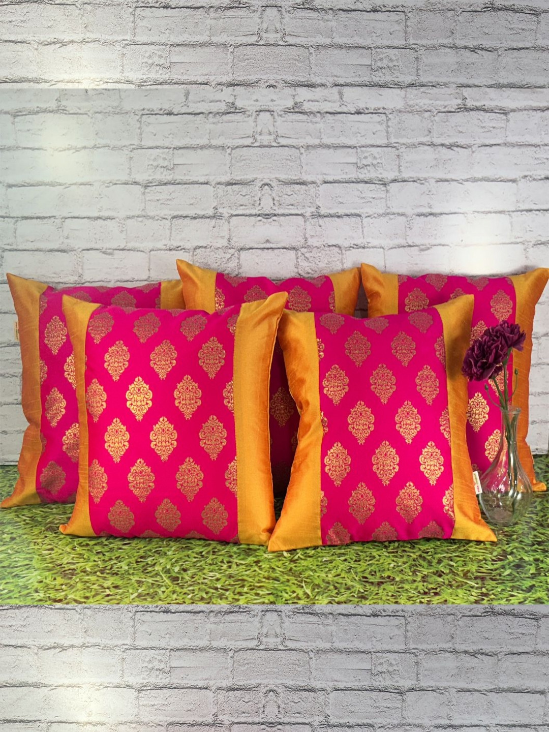 

Pink Parrot Pink & Orange 5 Pieces Ethnic Motifs Square Cushion Covers