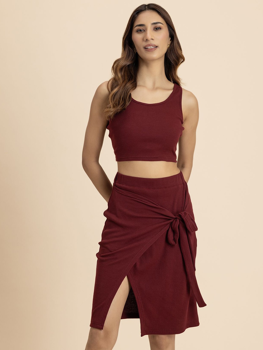 

Moomaya Round Neck Sleeveless Crop Top With Wrap Skirt, Maroon