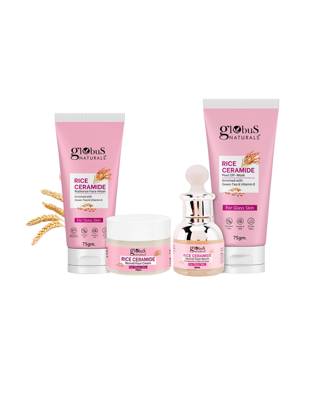 

Globus naturals Set Of 4 Rice Ceramide Face Wash-Cream-Toner & Pell Of Mask, White