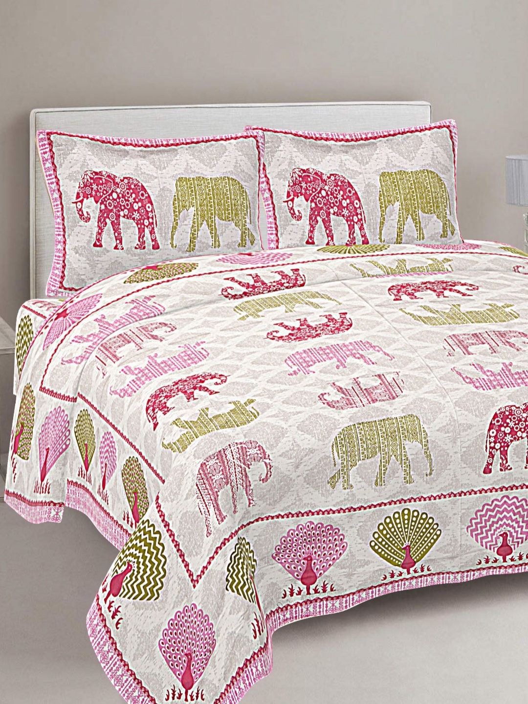 

FrionKandy Living Pink & Grey Printed Cotton 180 TC King Bedsheet With 2 Pillow Covers