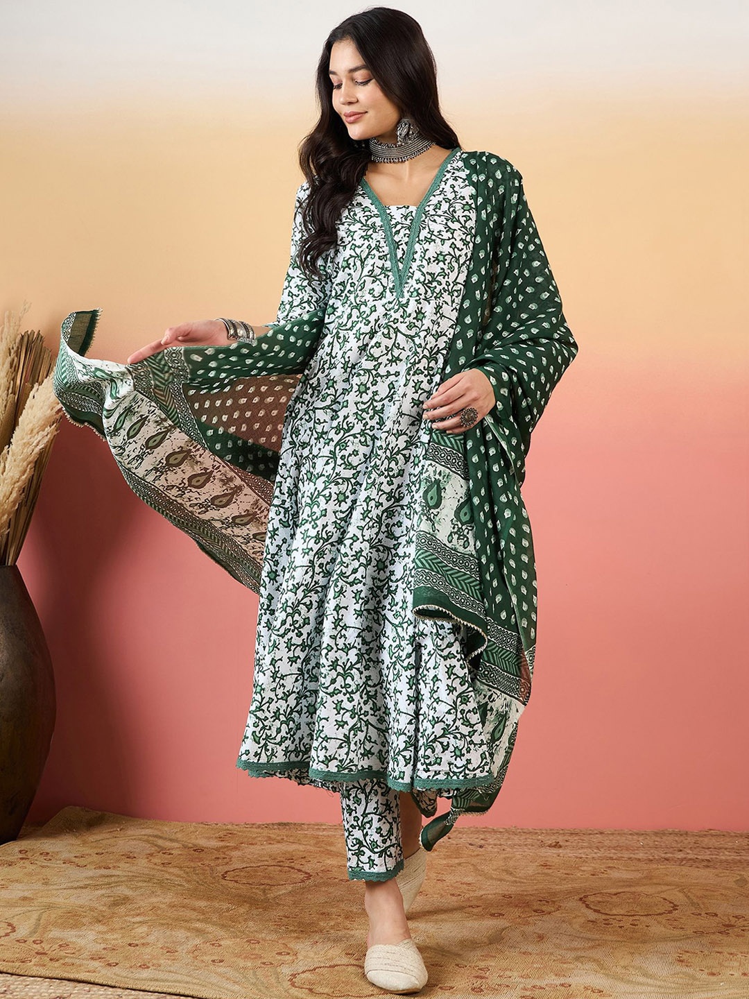 

KALINI Floral Printed Pure Cotton Anarkali Kurta With Trousers & Dupatta, Green