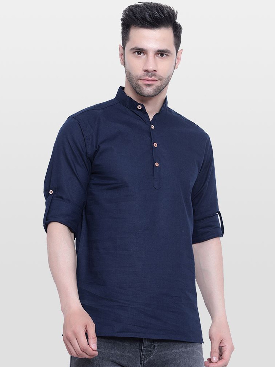 

TrendiVastra Mandarin Collar Cotton Straight Kurta, Navy blue