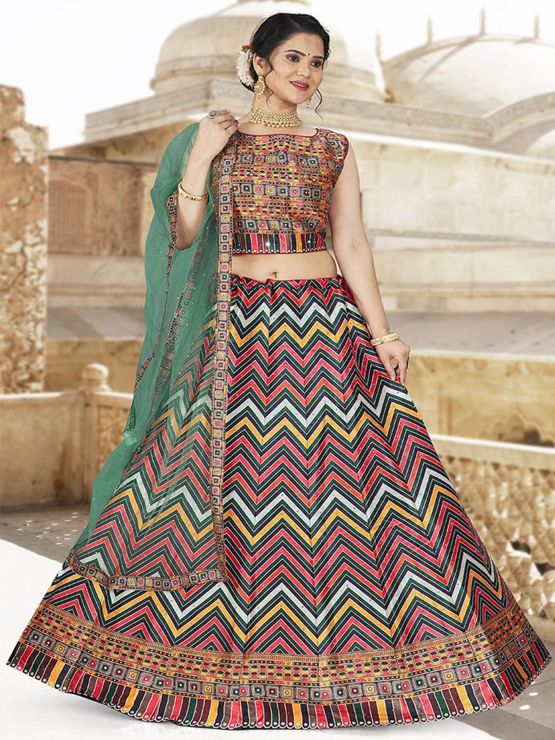 

Krimmple Printed Beads and Stones Ready to Wear Lehenga & Blouse With Dupatta, Pink