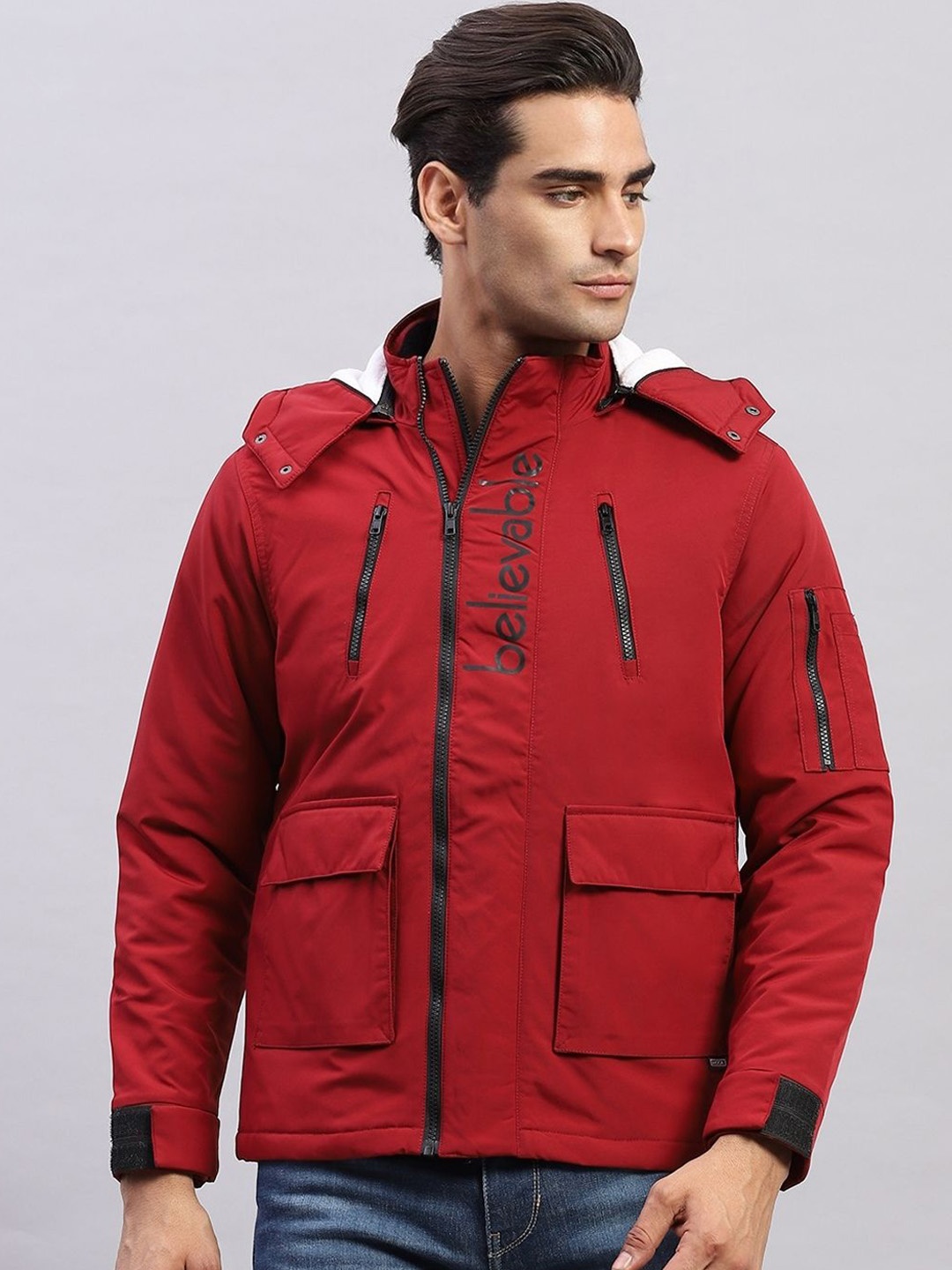 

Monte Carlo Men Solid Mock Collar Padded Jacket, Red