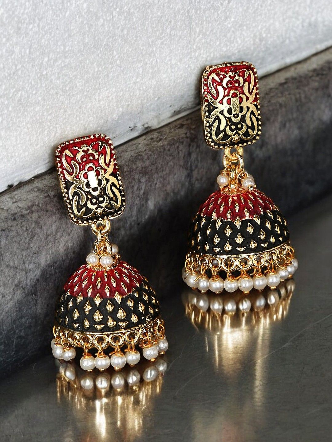 

Anouk Dome Shaped Meenakari Enamel with Pearls Jhumkas, Gold