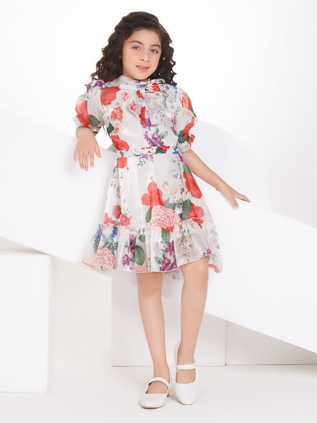 

Peppermint Girls Floral Printed Fit and Flare Dress, White