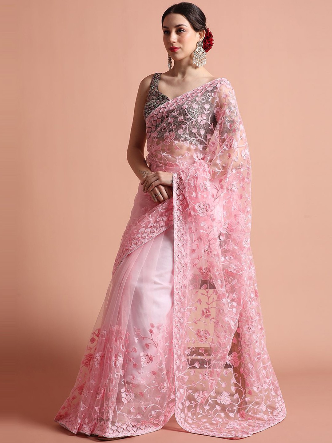 

Jaipur Kurti Party Wear Floral Embroidered Net Saree, Pink