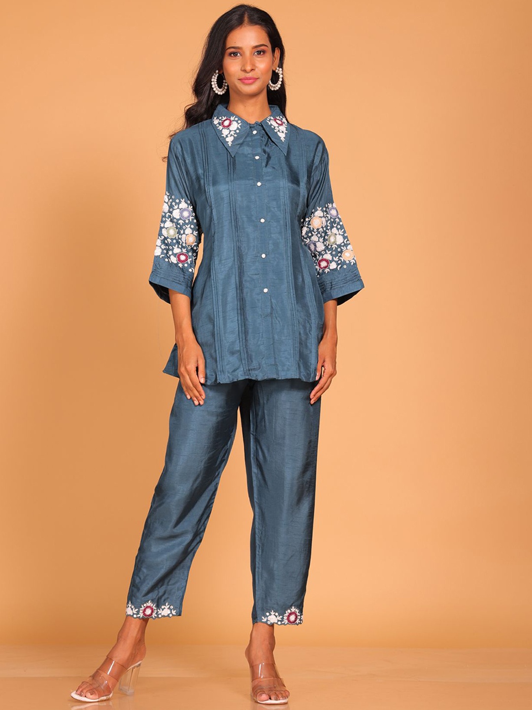 

Morchari Floral Embroidered Pure Silk Shirt With Trousers, Blue