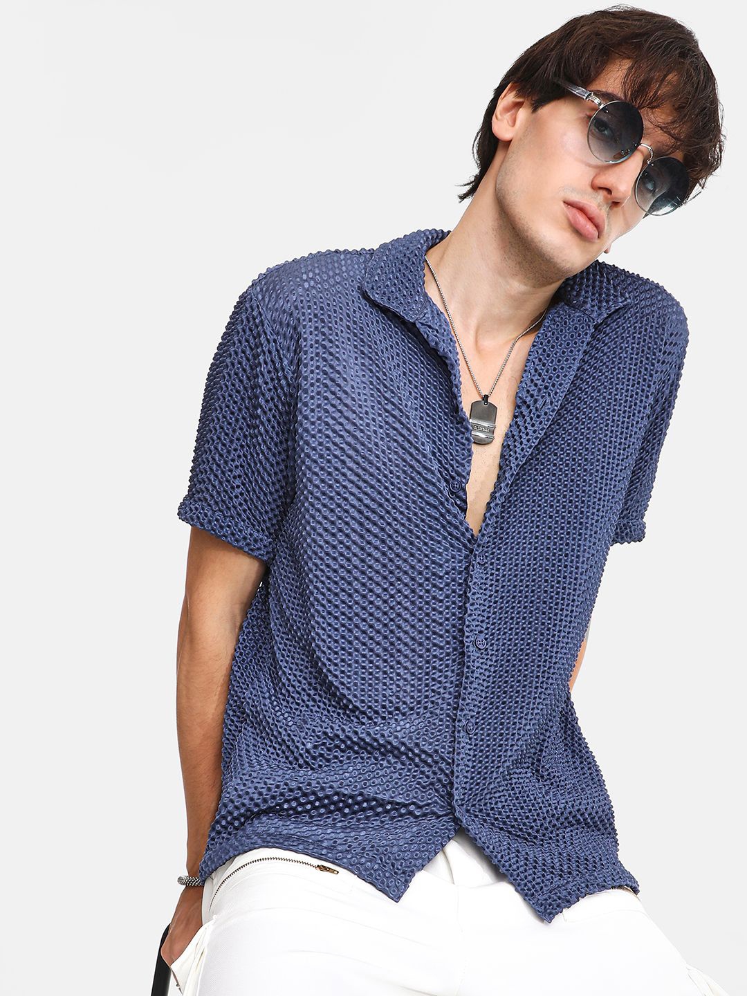 

Campus Sutra Men Comfort Spread Collar Textured Casual Shirt, Blue