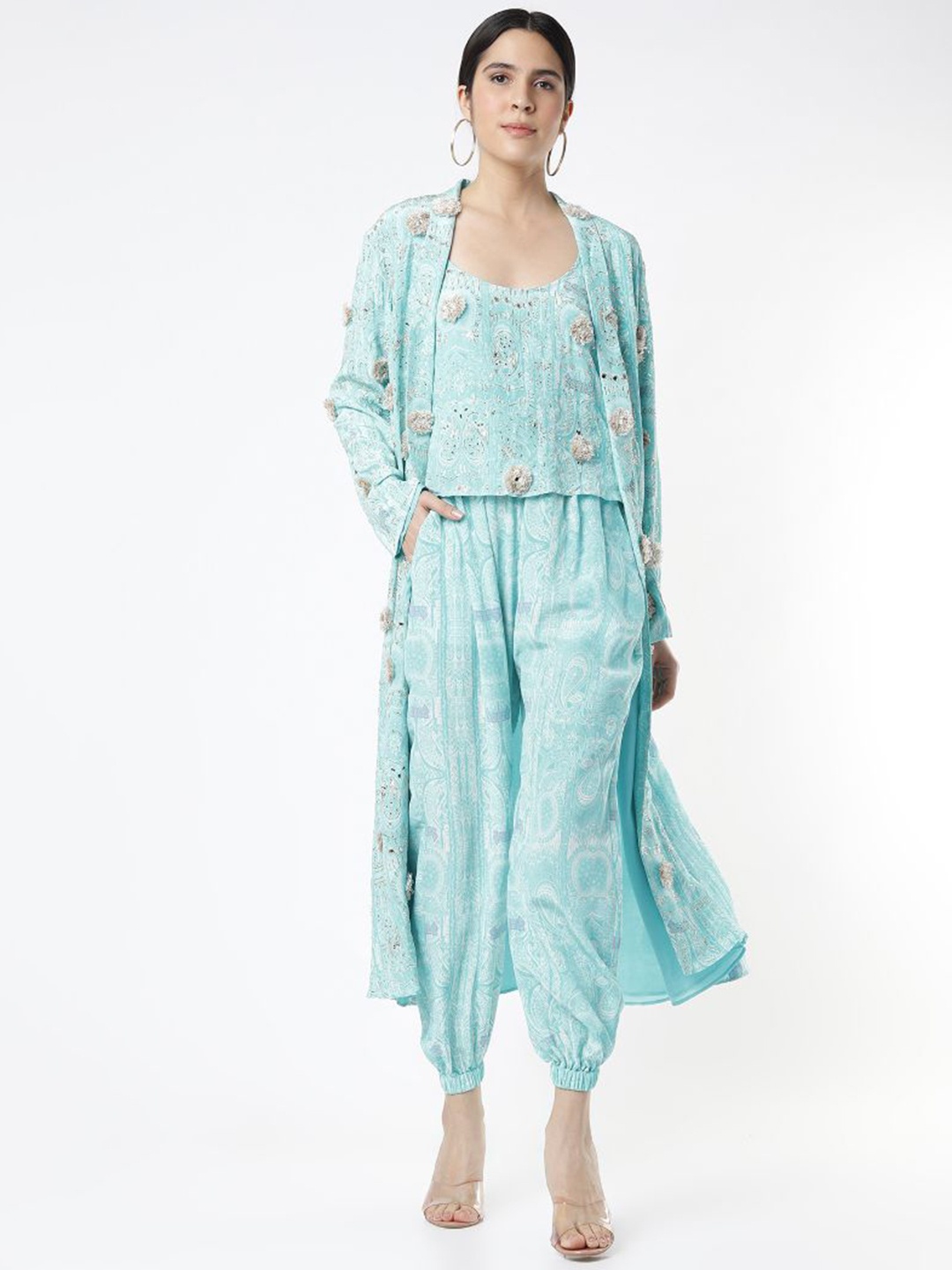 

Payal Singhal Women Long Blazer Jacket With Crepe Camisole And Jogger Pants, Blue