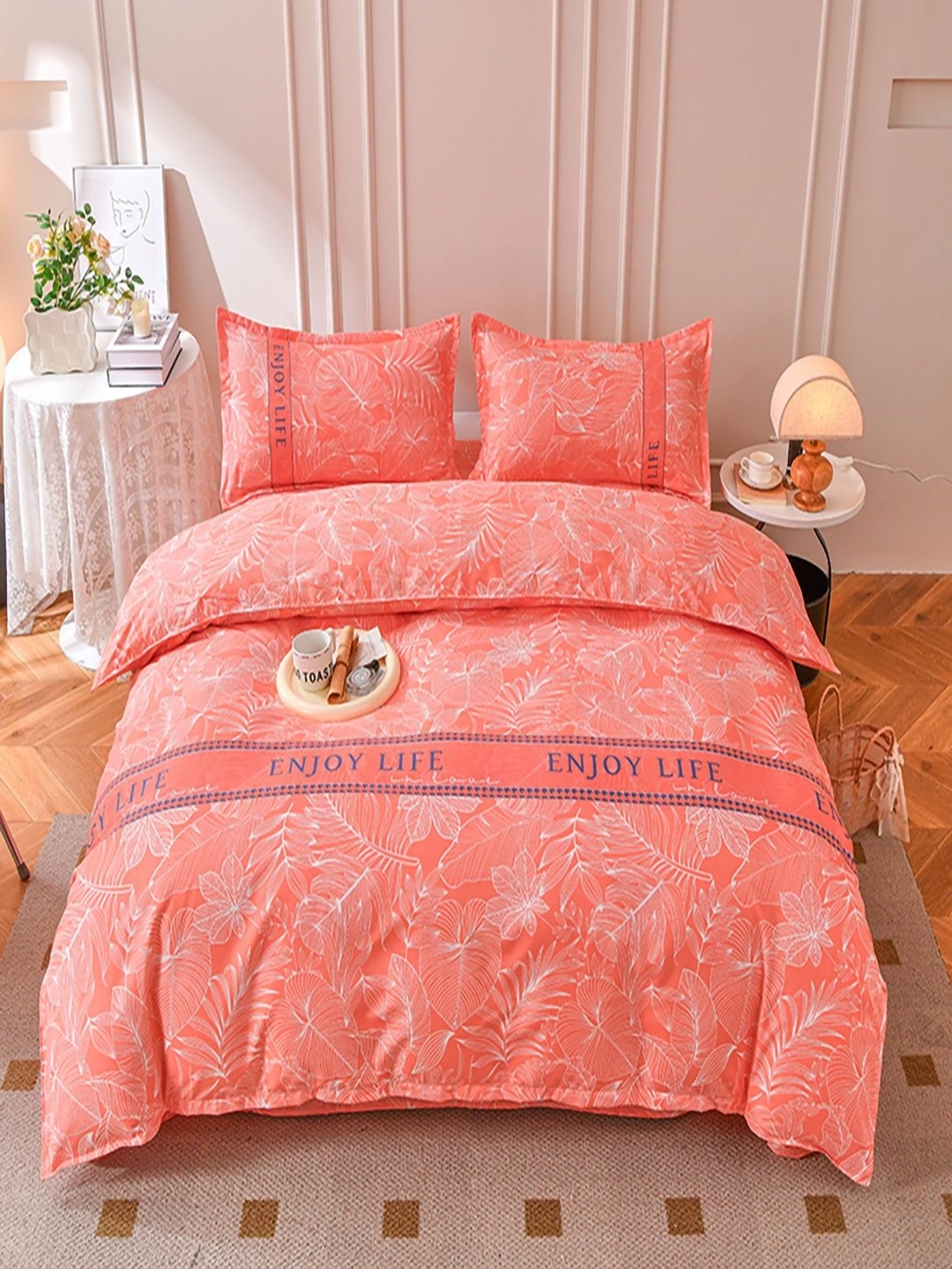

JC HOME Orange & White 4 Pieces Floral Double King AC Room Bedding Set