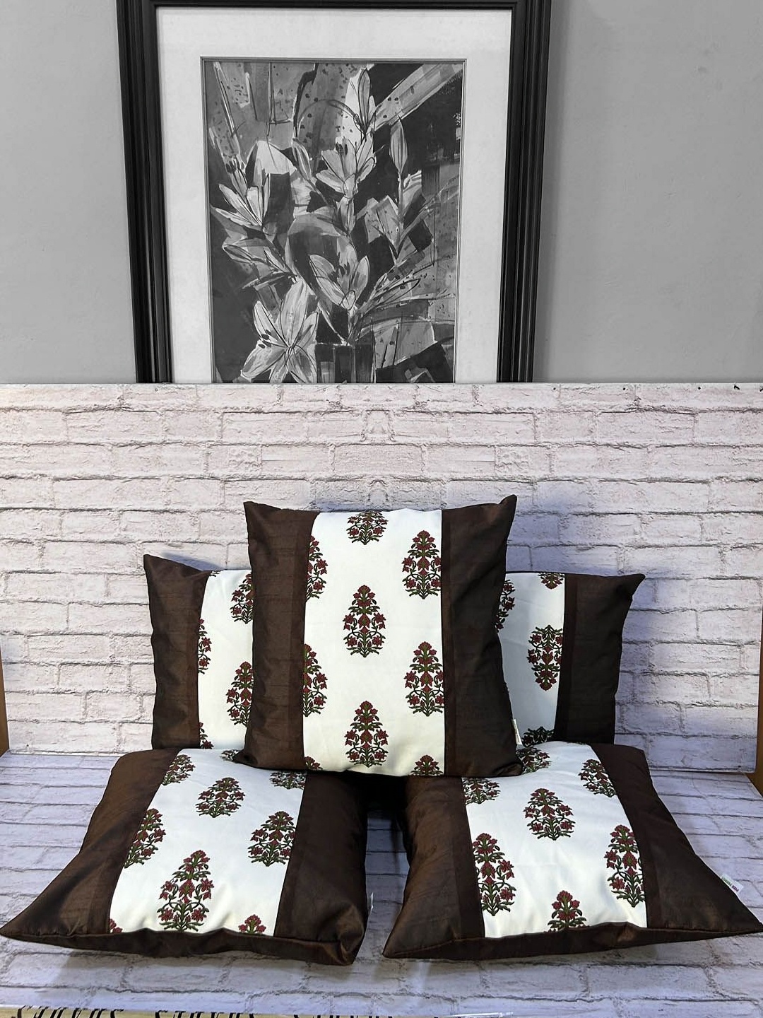 

Pink Parrot White & Brown 5 Pieces Ethnic Motifs Square Cushion Covers