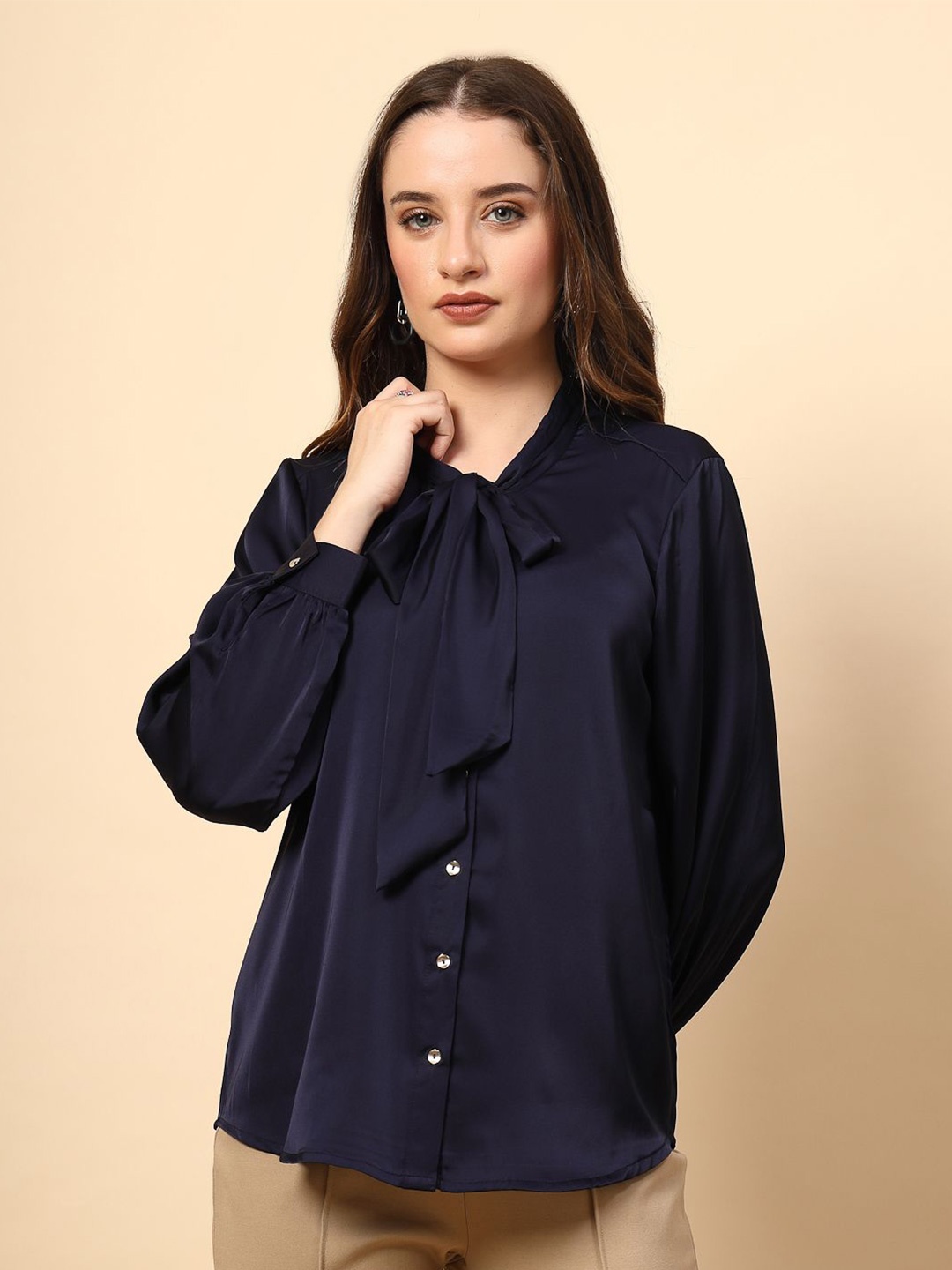 

Gipsy Women Solid Tie-Up Neck Top, Navy blue