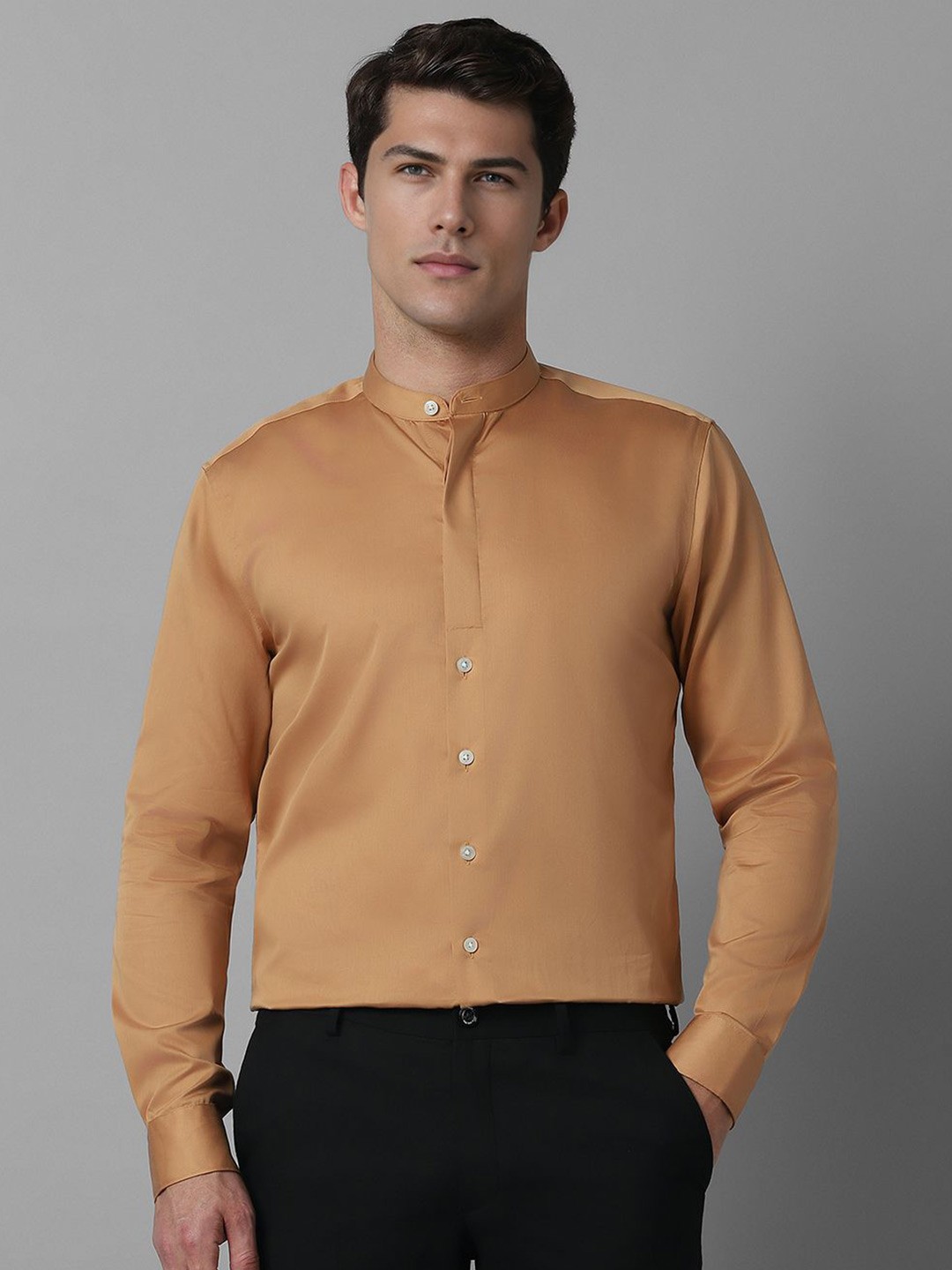 

Louis Philippe Men Band Collar Solid Cotton Slim Fit Formal Shirt, Brown