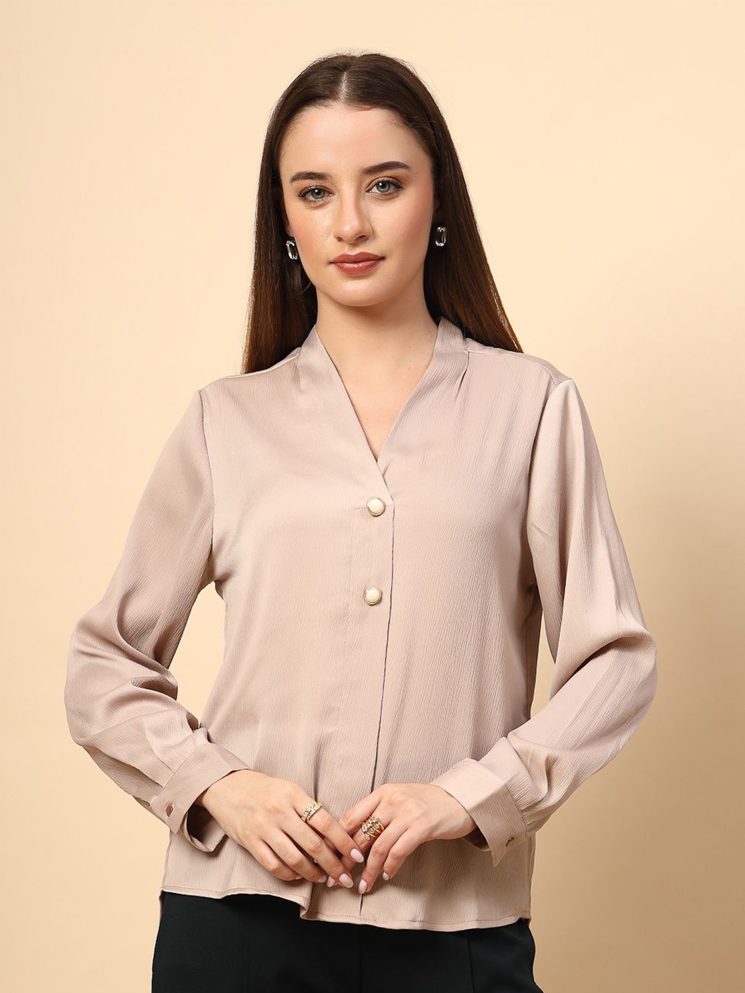 

Gipsy Women Solid V-Neck Top, Beige