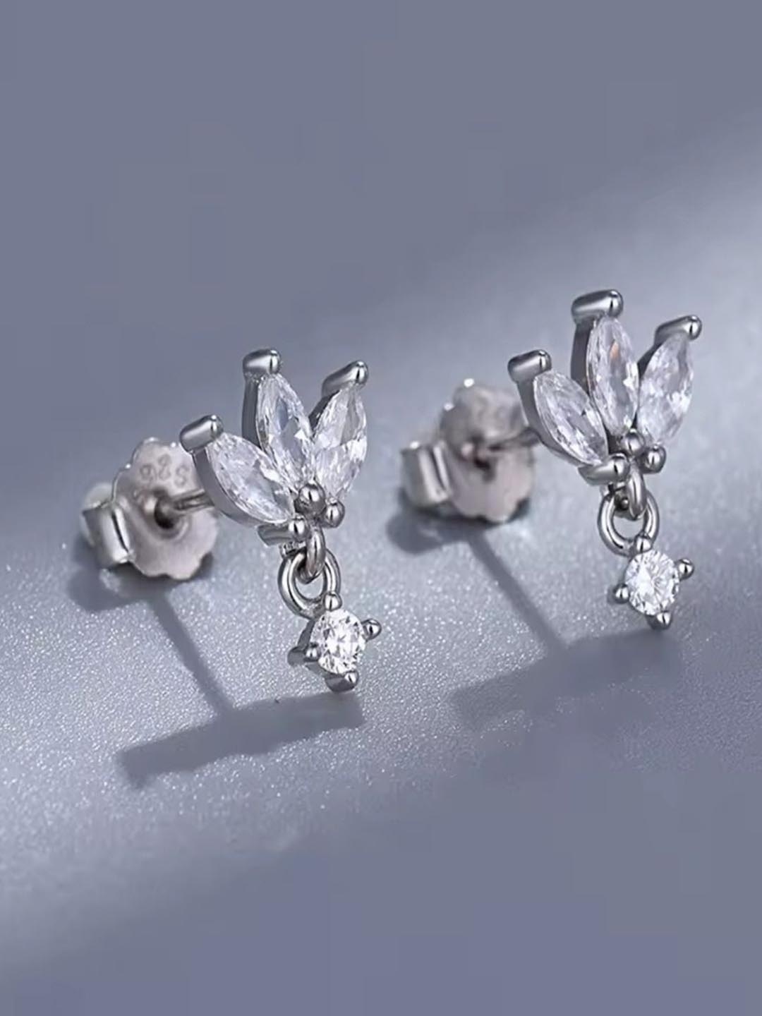 

Silverfied Sterling Silver Rhodium-Plated CZ Studded Baguette Lotus Drop Earrings