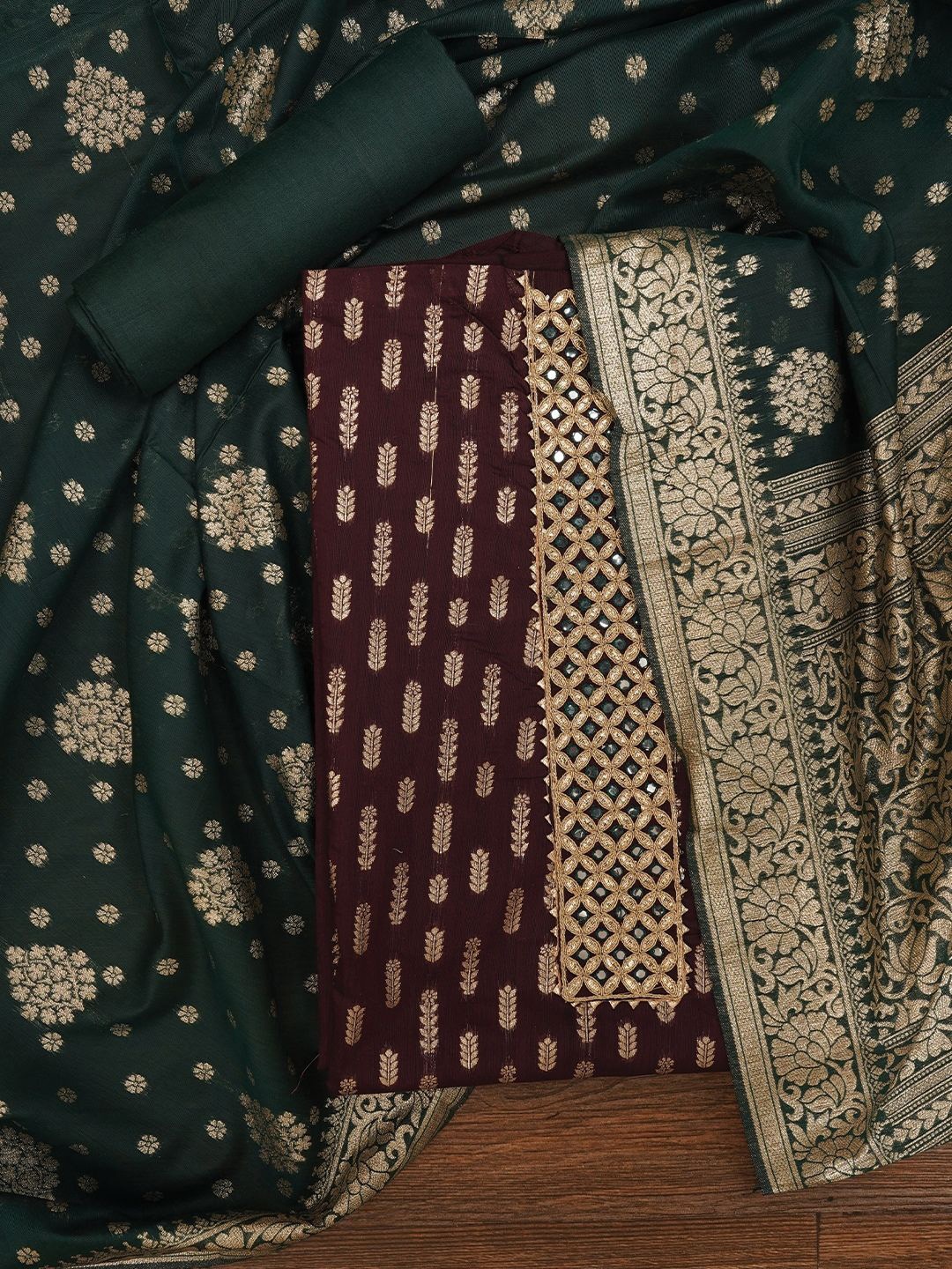 

Jaipur Unstitched Silk Blend Embellished Dress Material With Dupatta, Burgundy