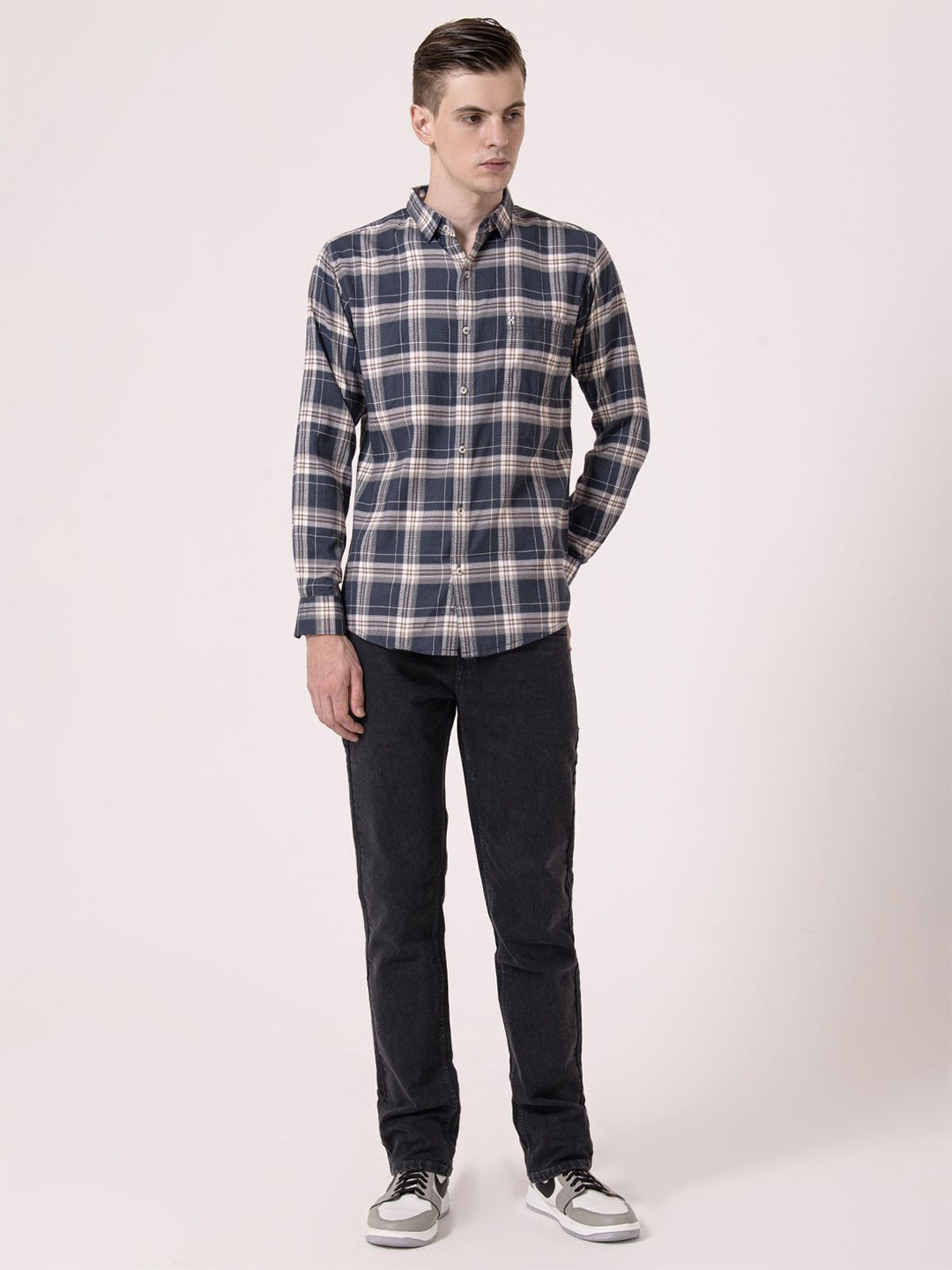 

Albion By CnM Men Spread Collar Tartan Checked Casual Shirt, Grey