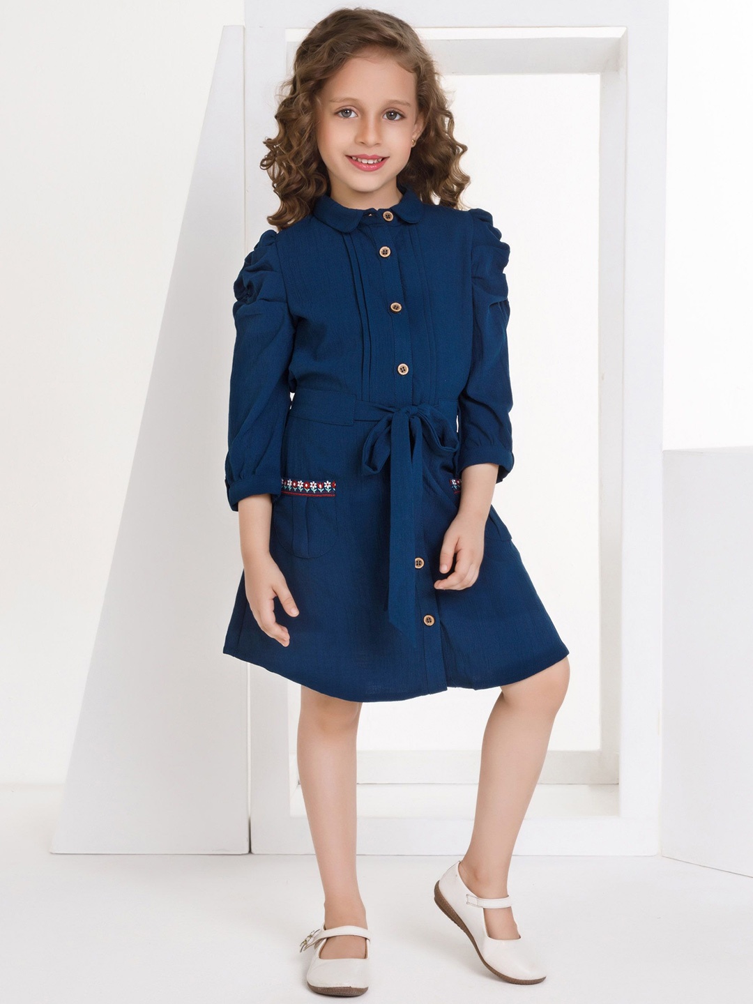 

Peppermint Girls Peter Pan Collar A-Line Knee Length Dress With Belt, Teal