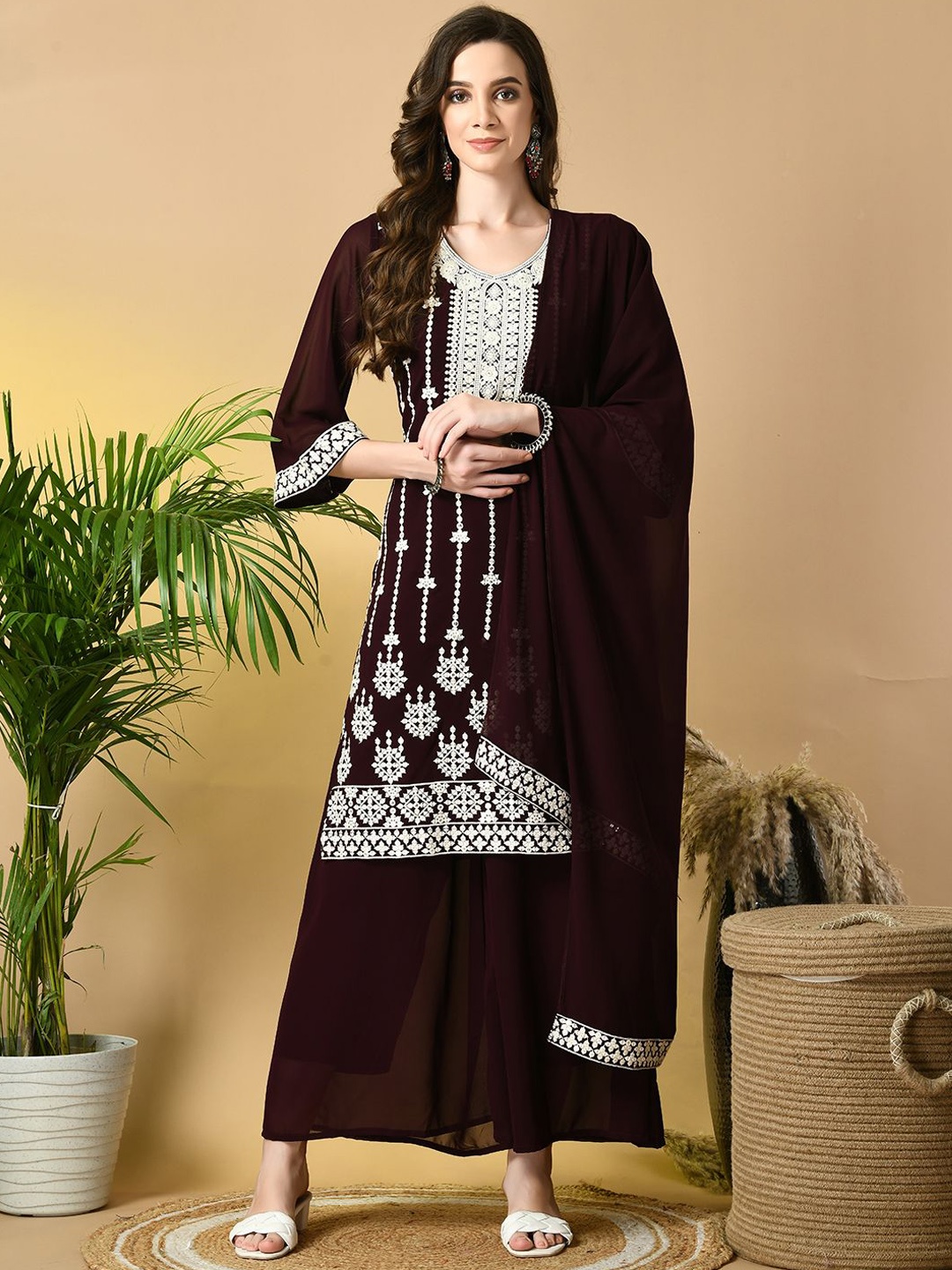 

Sangria Floral Embroidered Thread Work Straight Kurta With Palazzos & Dupatta, Coffee brown
