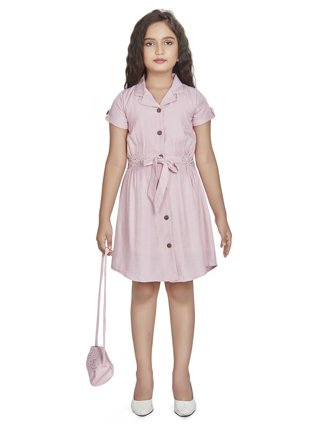 

Peppermint Girls Lapel Collar A-Line Dress with Belt, Pink