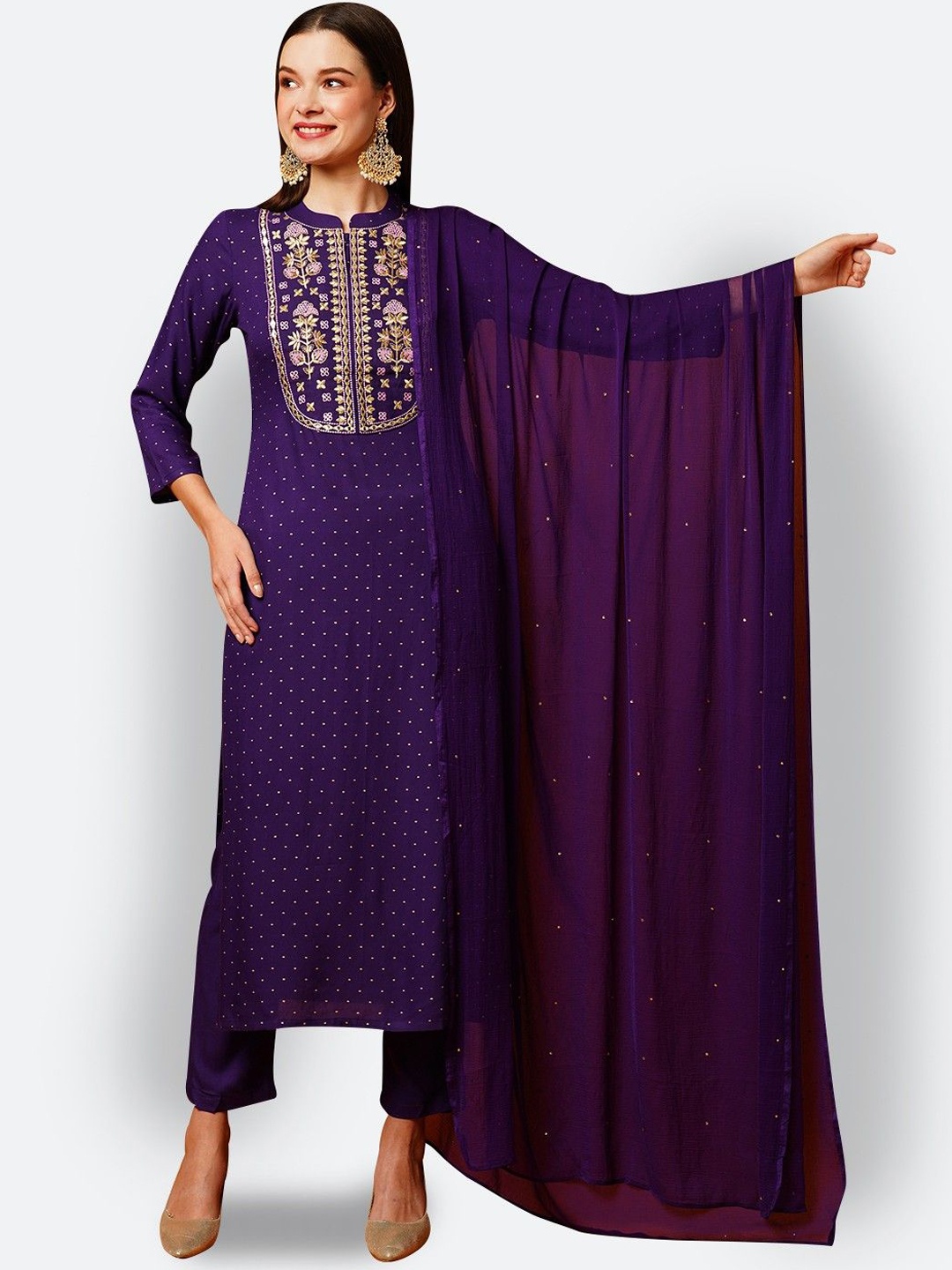 

Anni Designer Embroidered Regular Thread Work Straight Kurta with Trousers & Dupatta, Purple