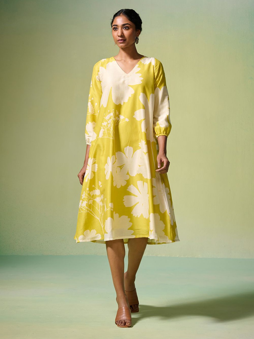 

Dressfolk Floral Print Fit & Flare Midi Dress, Yellow