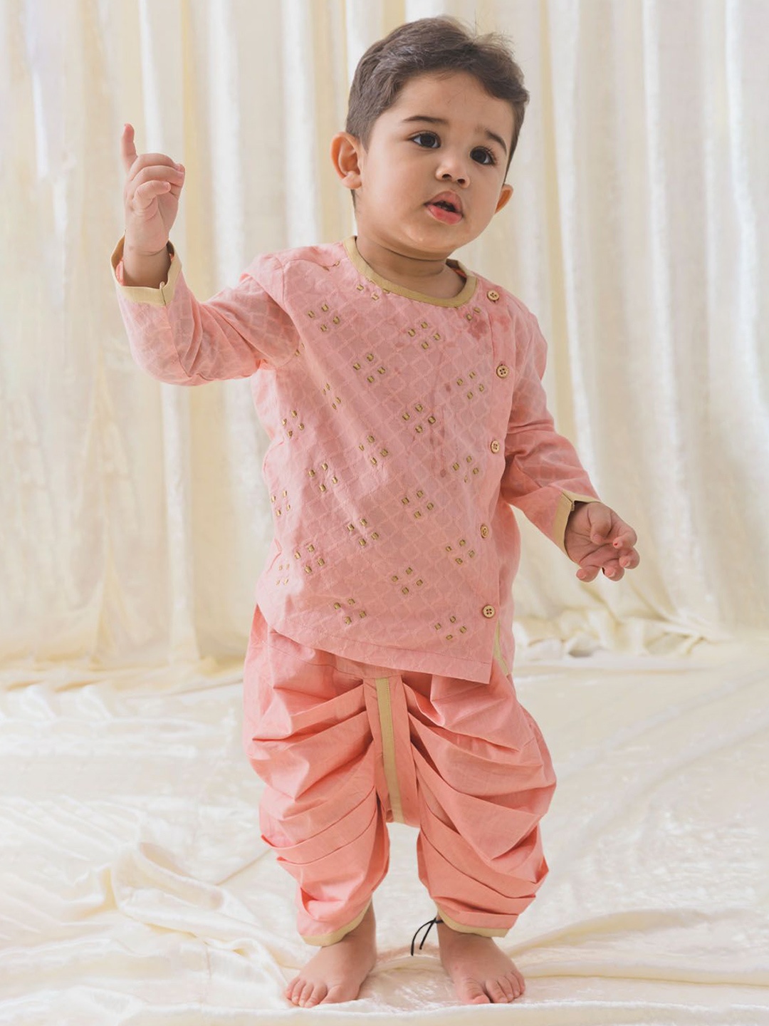 

Tiber Taber Boys Geometric Embroidered Beads and Stones Pure Cotton Kurta with Dhoti Pants, Peach