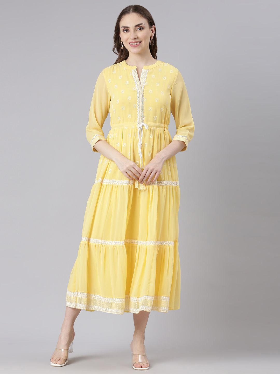 

Neerus Ethnic Motifs Layered Maxi Dress, Yellow