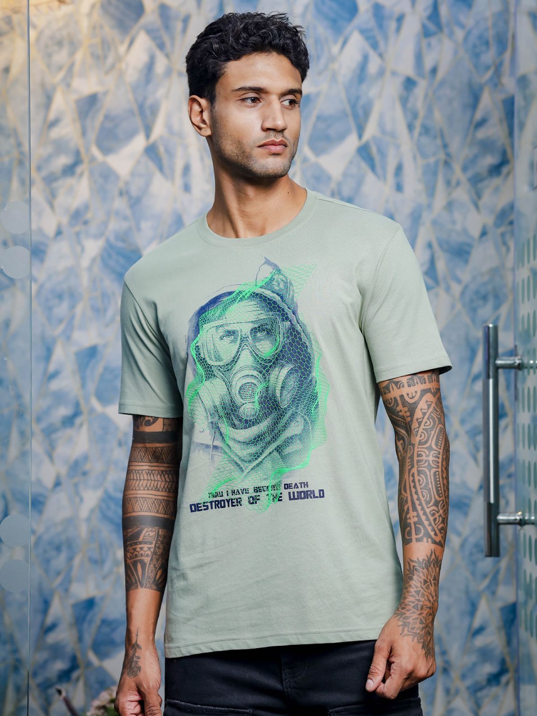 

ONE SKY Men Graphic Printed Round Neck Cotton T-shirt, Green